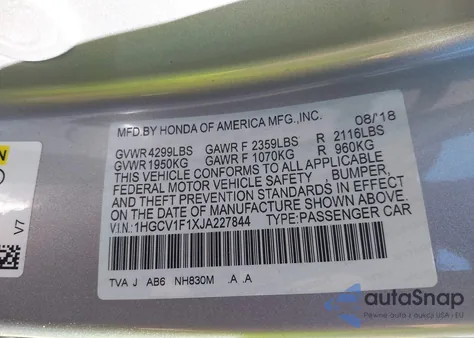 2018 Honda Accord Lx z USA, uszkodzony, nr VIN 1HGCV1F1XJA227844